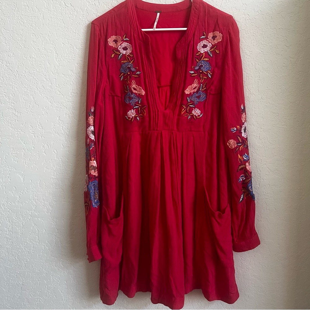 Free People Red Floral Embroidered Mini Dress